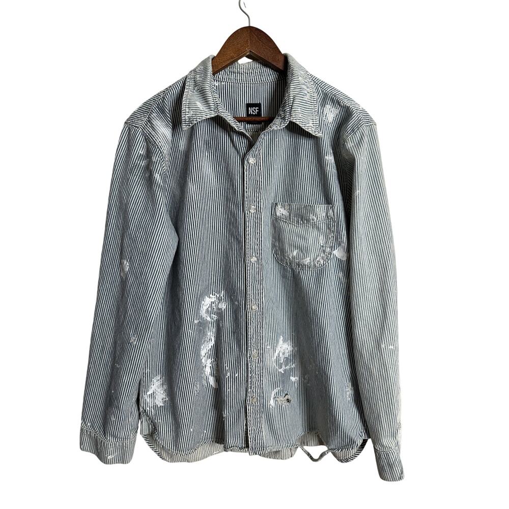 NSF Indigo Stripe Distressed Paint Splash Long SLeeve Shirt Mens XL